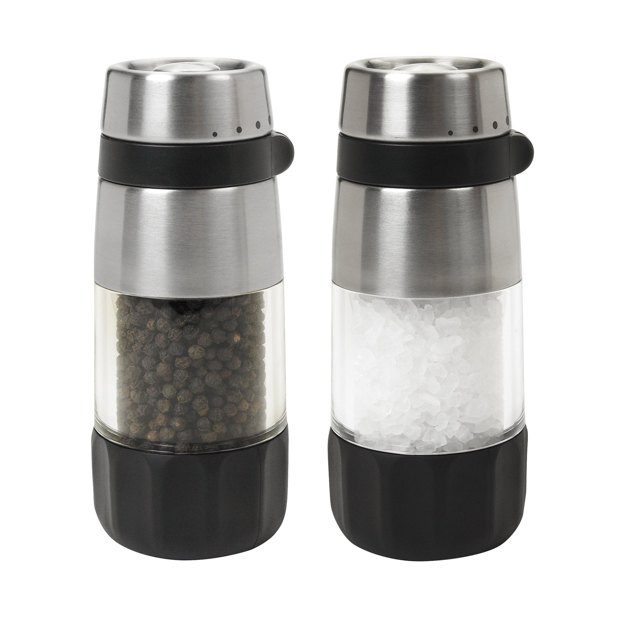 OXO front view of salt and pepper grinders, shows clear bodies and stainless benefits