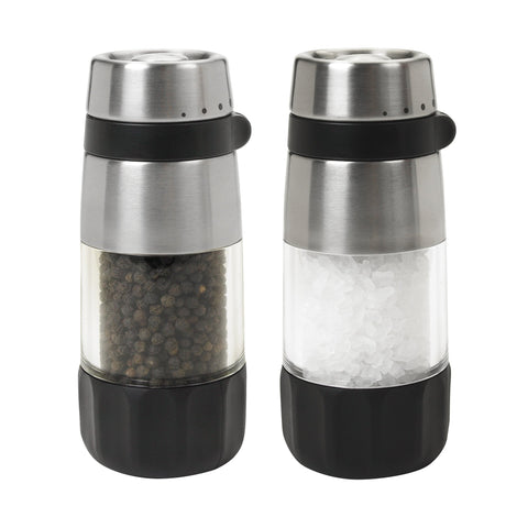 OXO front view of salt and pepper grinders, shows clear bodies and stainless benefits