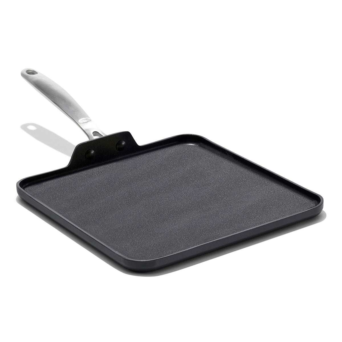 OXO front view griddle pan showing full cooking surface and nonstick benefit
