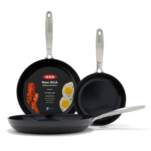 OXO front view of three pans showing sizes and finish, highlighting versatility