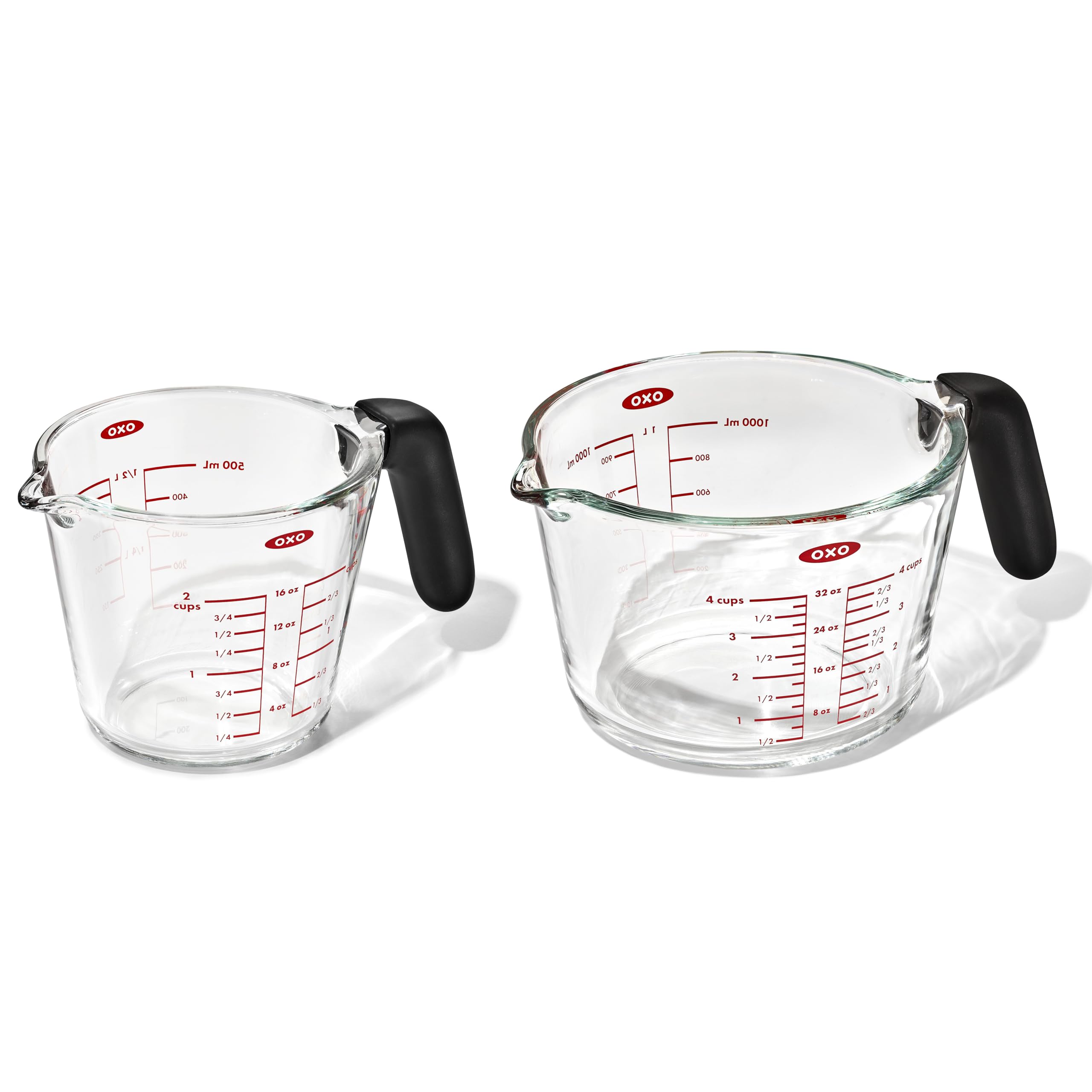 OXO front view of the 2 and 4 cup glass set showing markings and shape - clear measurements