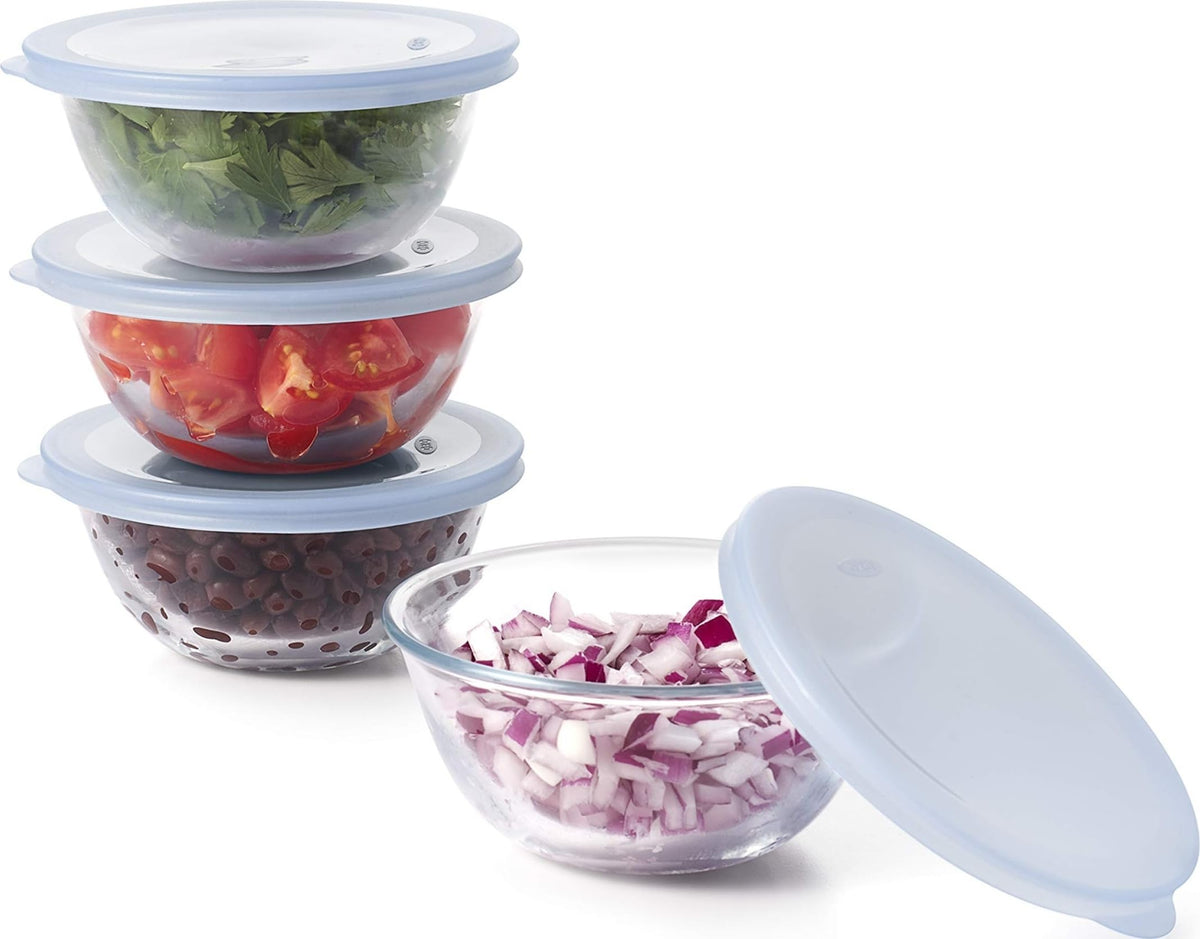 OXO Good Grips front view of four 10oz glass prep bowls with lids, durable storage