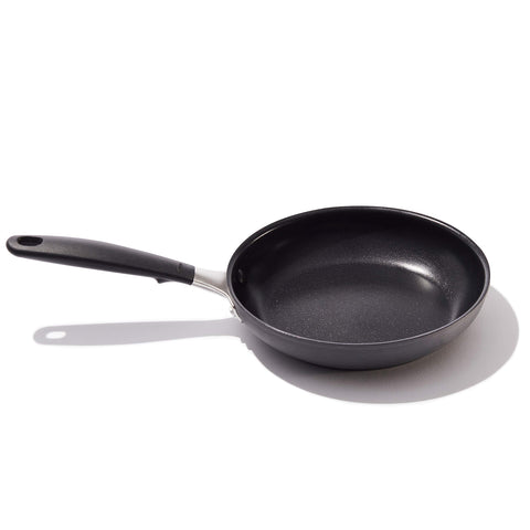 OXO Good Grips front view showing compact skillet and benefits of even heat
