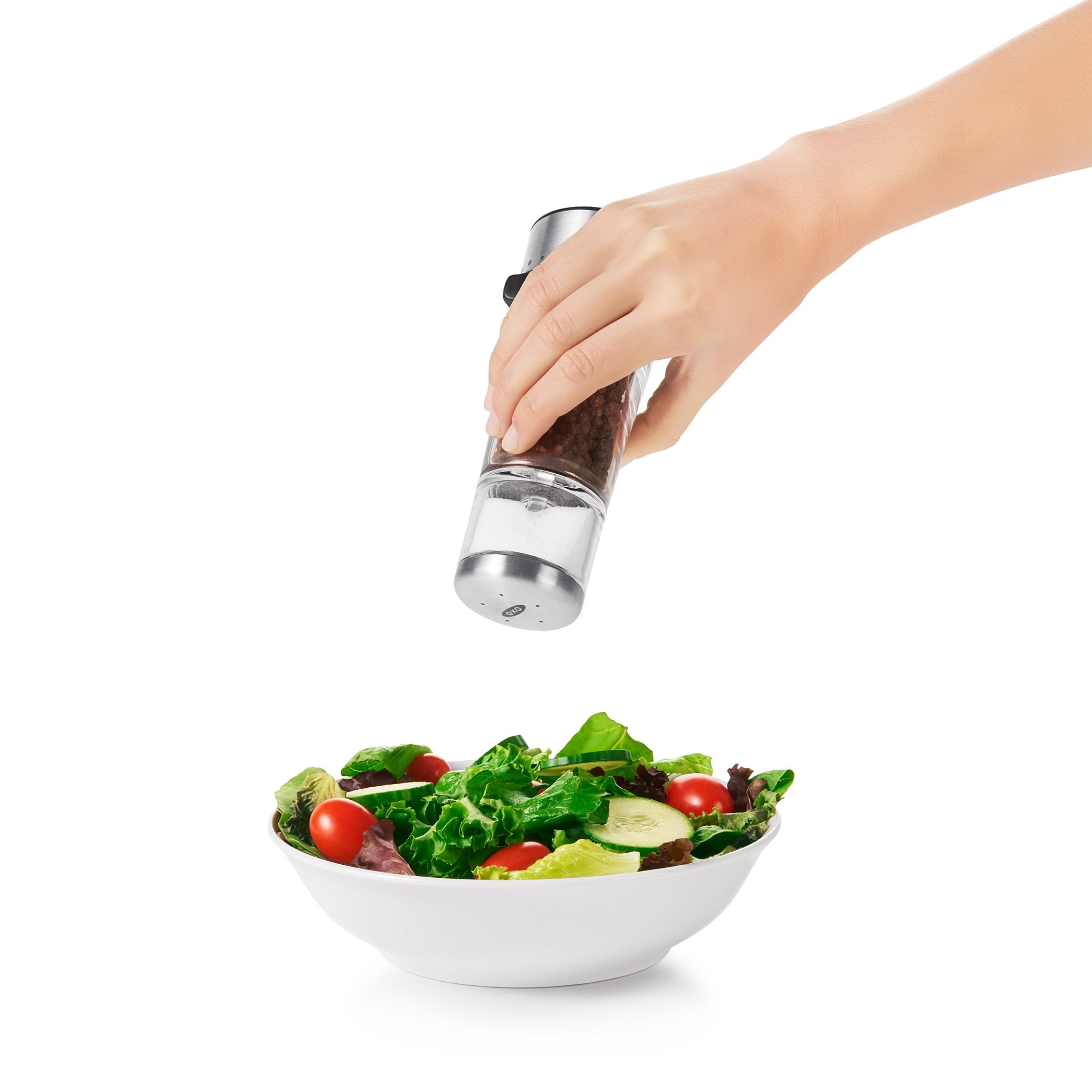 OXO Good Grips ceramic grinder close-up showing non-corrosive mechanism for flavor preservation