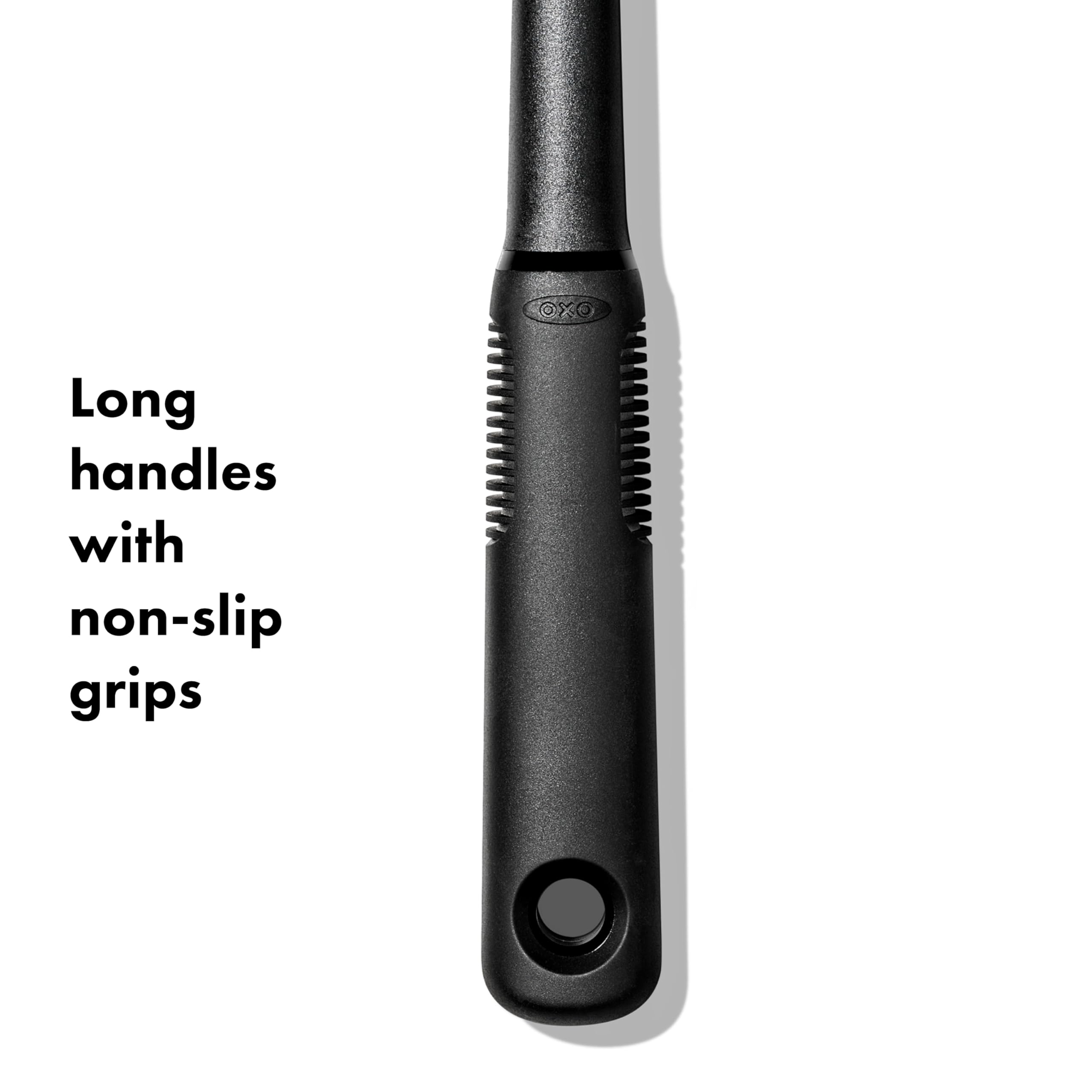 OXO nylon utensil heads close-up showing heat-resistant non-scratch surface benefit