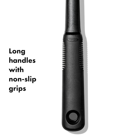 OXO nylon utensil heads close-up showing heat-resistant non-scratch surface benefit