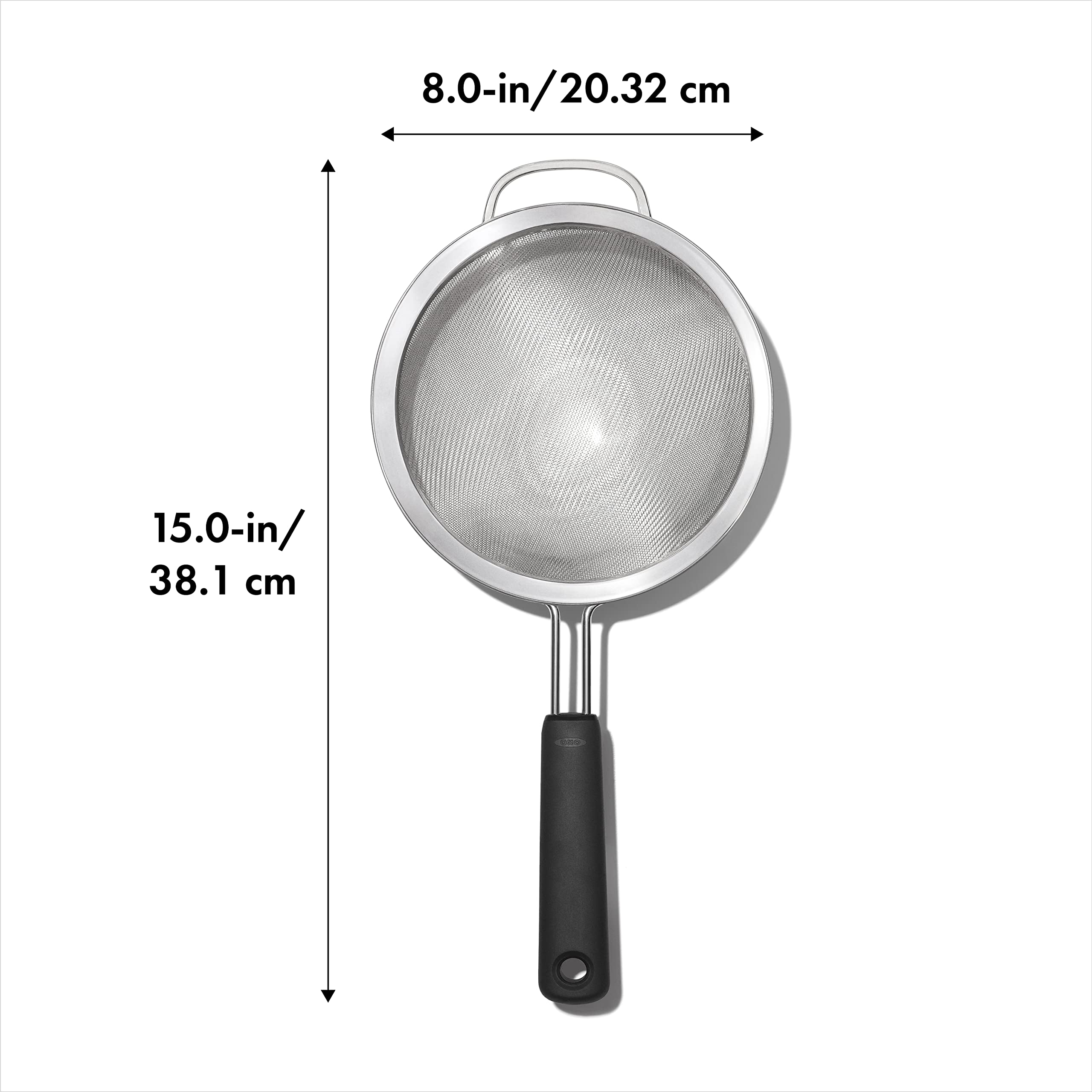 OXO Good Grips close-up of fine mesh and double-rod frame for precise straining