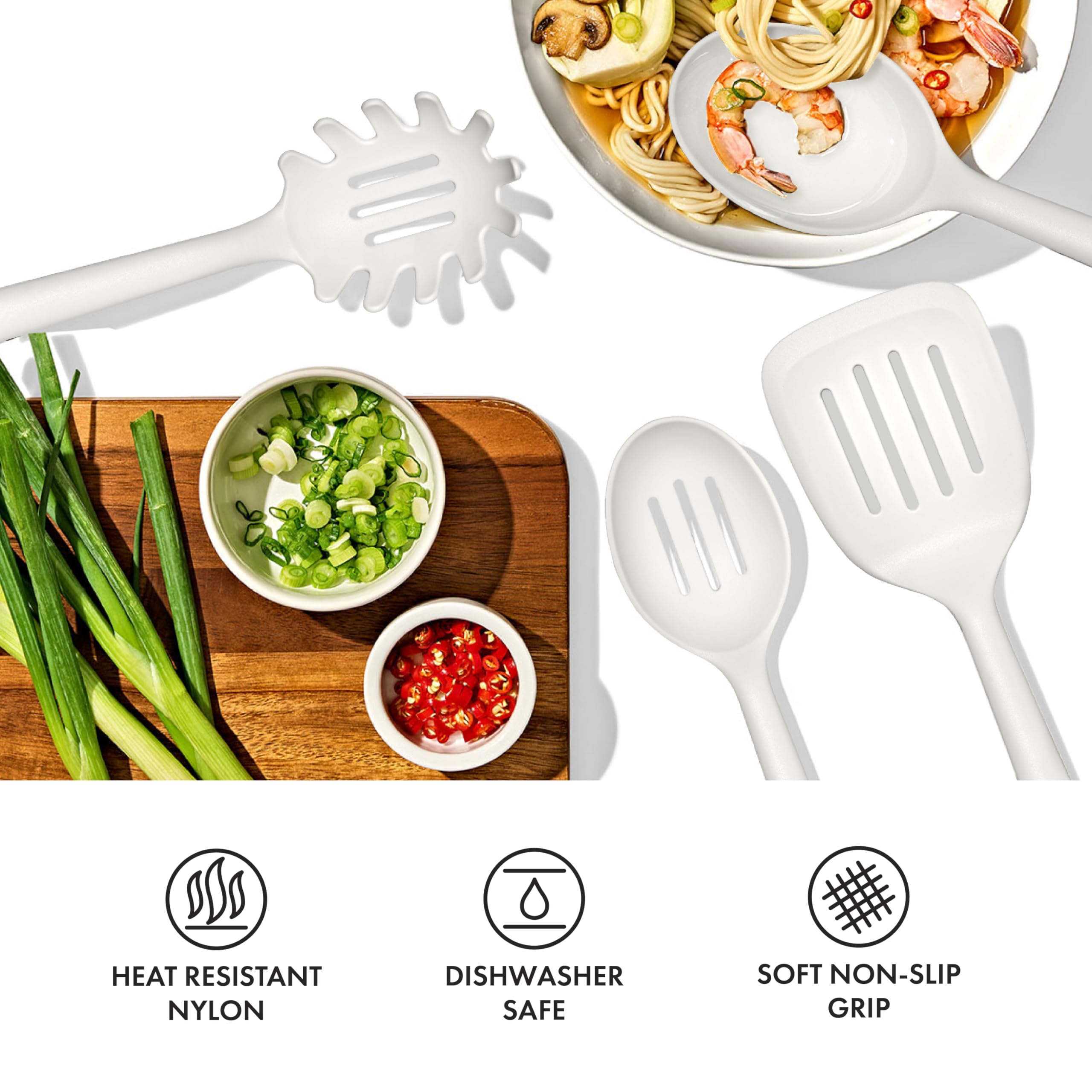 OXO Good Grips close‑up of nylon heads highlighting gentle nonstick protection