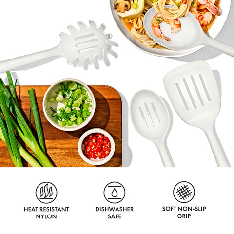 OXO Good Grips close‑up of nylon heads highlighting gentle nonstick protection
