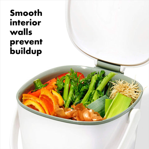 OXO Good Grips lid detail highlighting flip-up mechanism and odor control