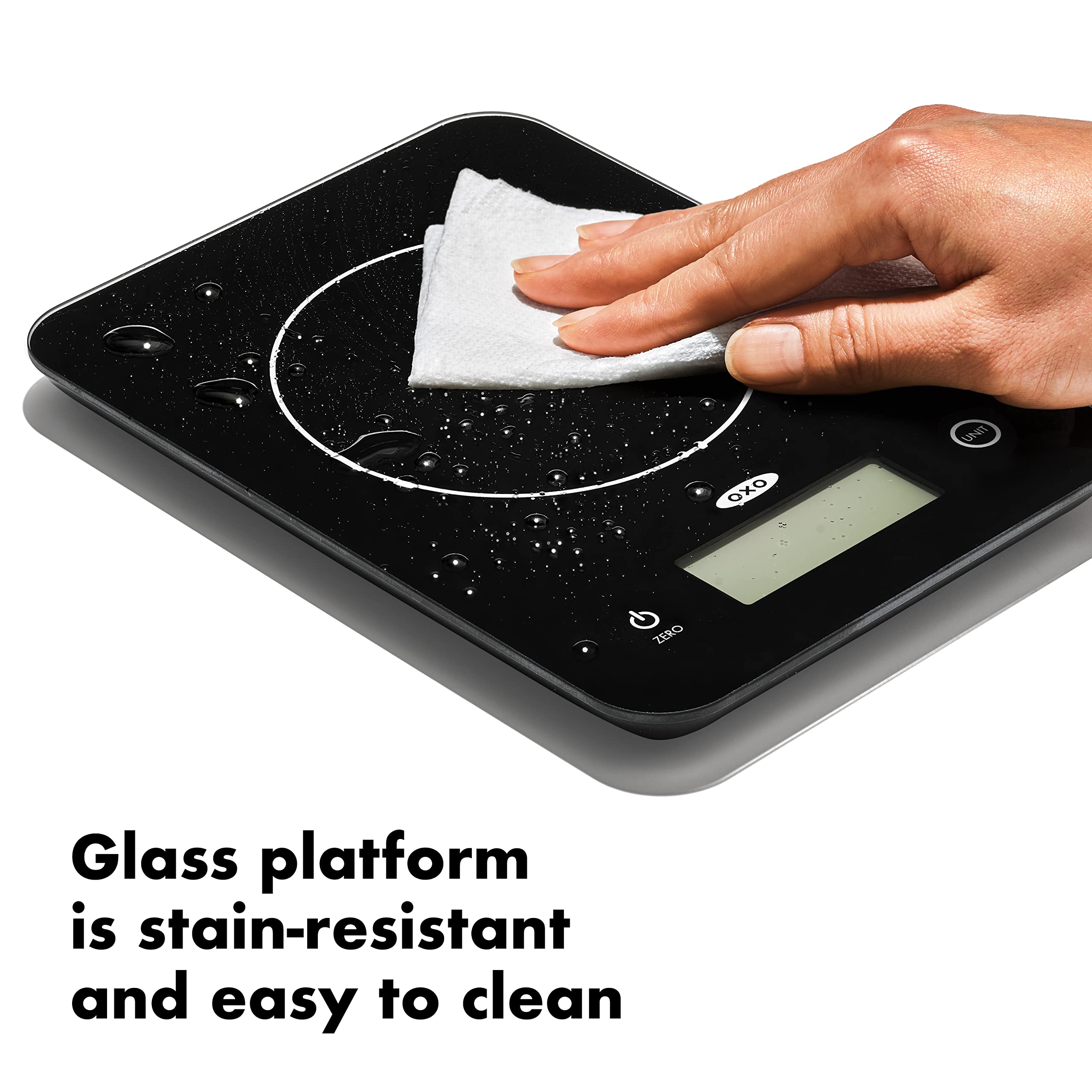 OXO Good Grips display and buttons showing unit switch and tare for fast conversions