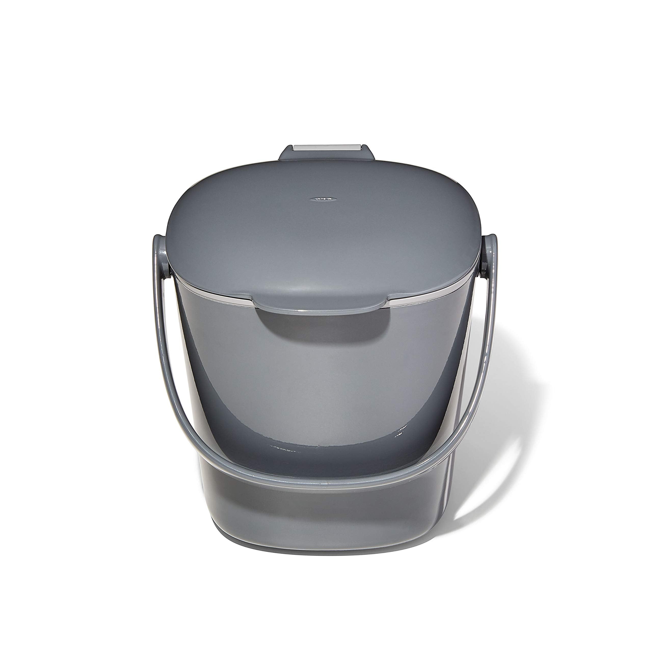 OXO Good Grips front view showing compact countertop compost caddy and charcoal finish