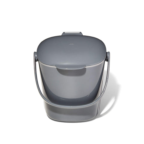 OXO Good Grips front view showing compact countertop compost caddy and charcoal finish