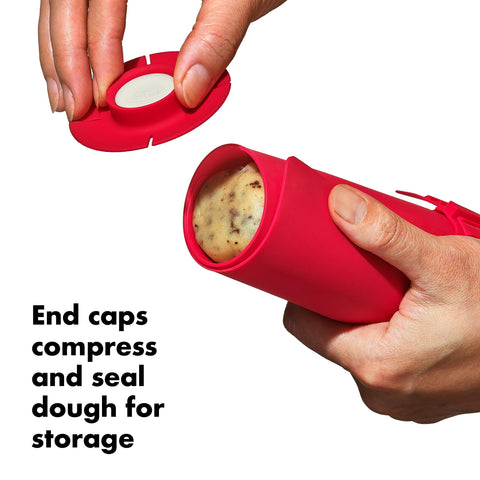 Close-up of OXO end cap protecting dough ends to prevent freezer burn and damage