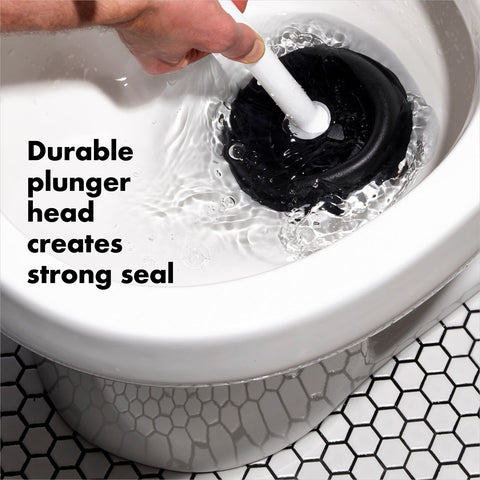 OXO Good Grips plunger extended outward forming seal for toilet bowls