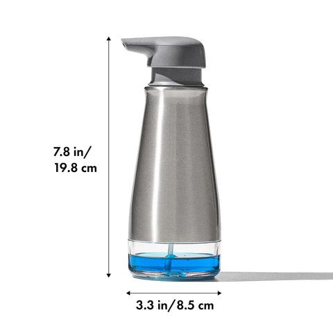 OXO Good Grips pump close-up highlighting soft touch head for comfortable one-handed use