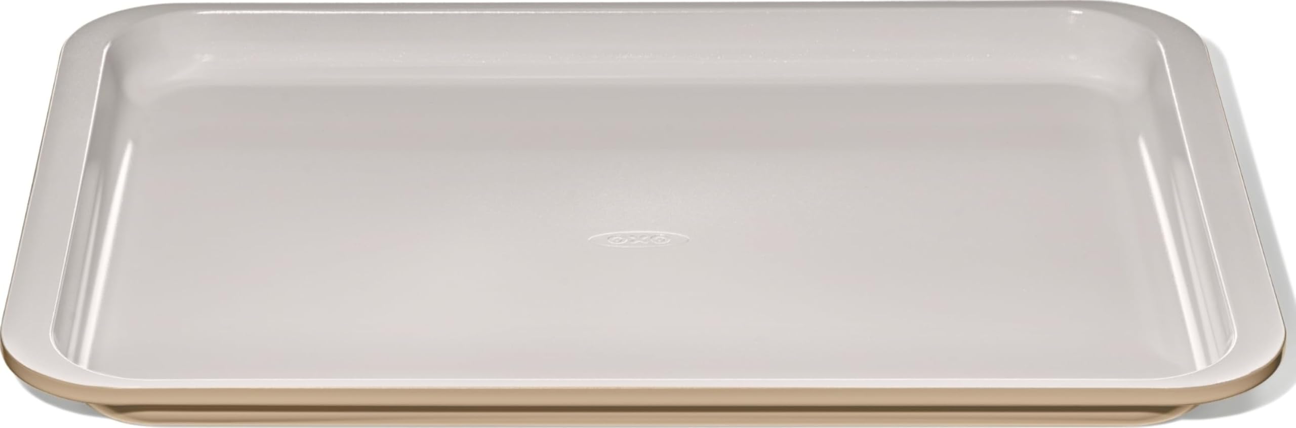 OXO Good Grips half sheet pan front view showing biscuit finish and sturdy build for even baking
