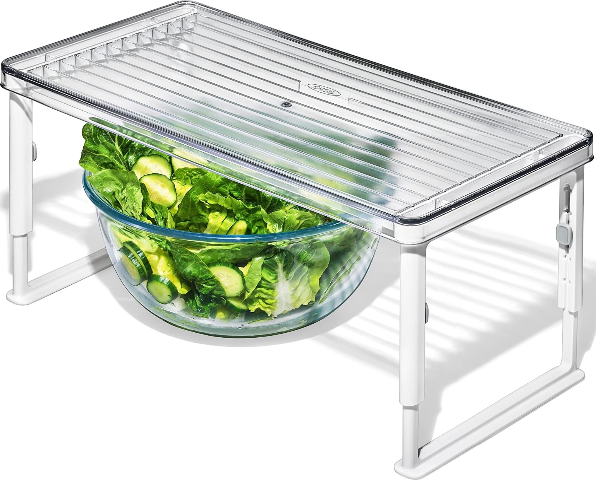 OXO Good Grips front view of fridge riser showing compact design and easy setup