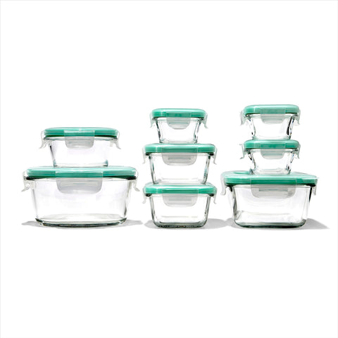 OXO Good Grips front view of glass set showing containers and lids, organized benefit