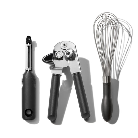 OXO Good Grips front packaging showing the three-piece set and uses