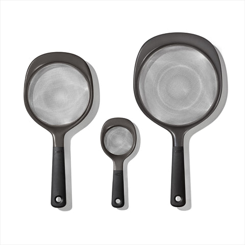 OXO Good Grips front packaging showing the three-piece strainer set and features