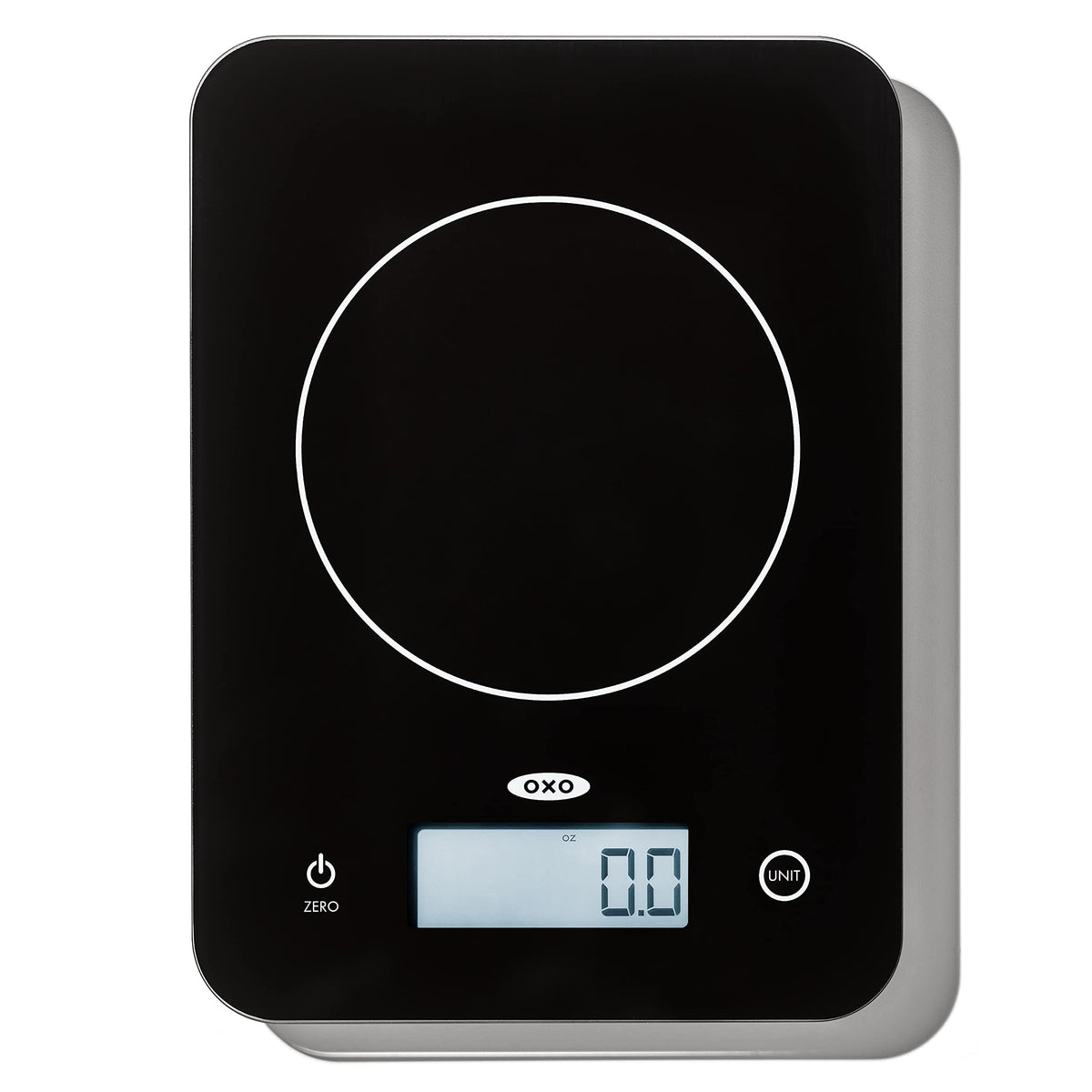 OXO Good Grips front view showing compact scale and readable display for accurate weighing
