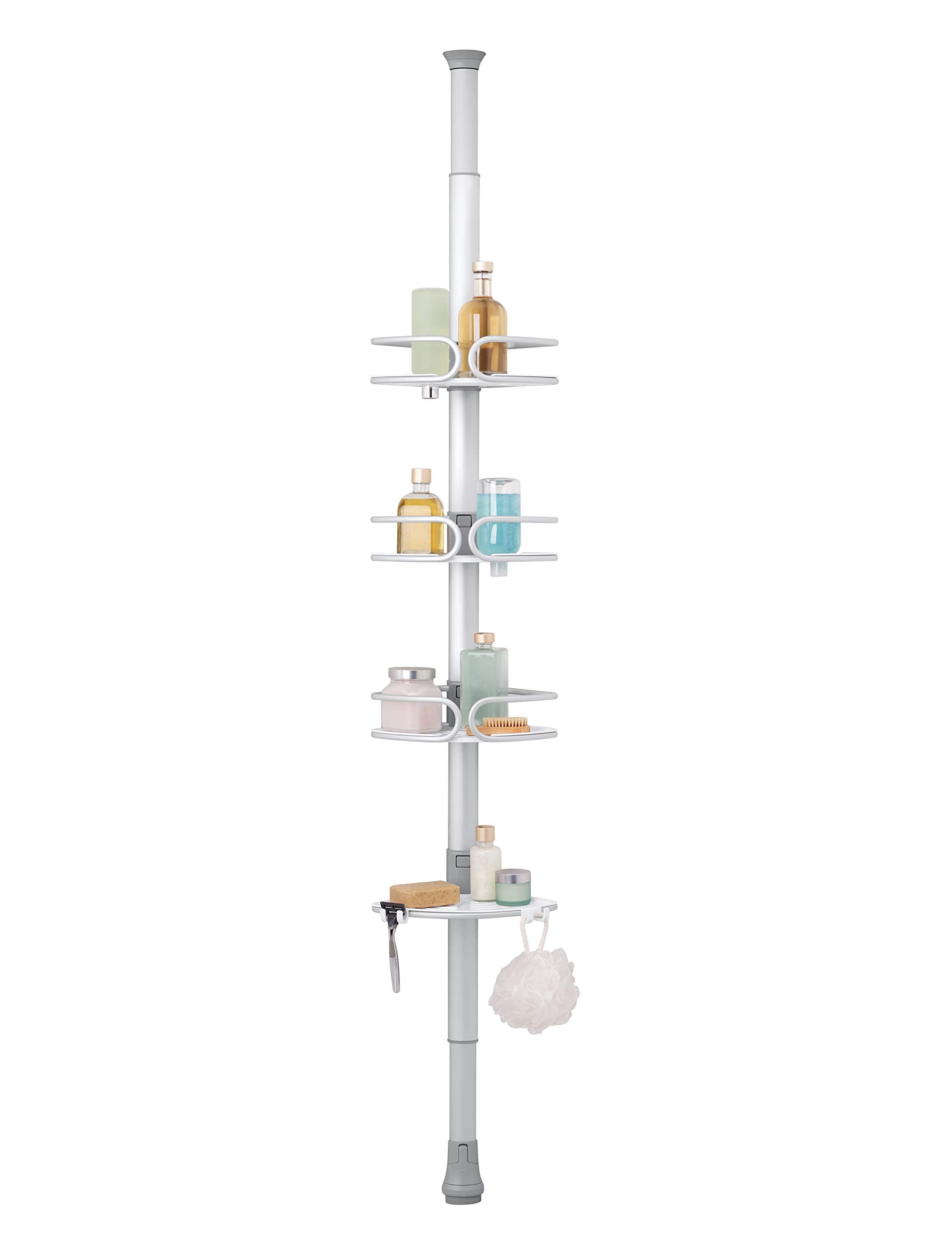 OXO Good Grips front view showing full pole caddy and shelves for tidy storage