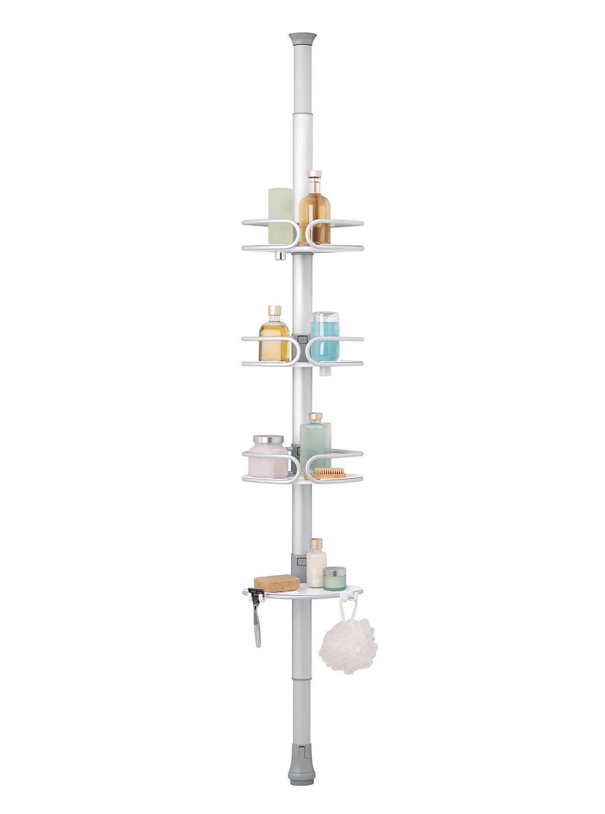 OXO Good Grips front view showing full pole caddy and shelves for tidy storage