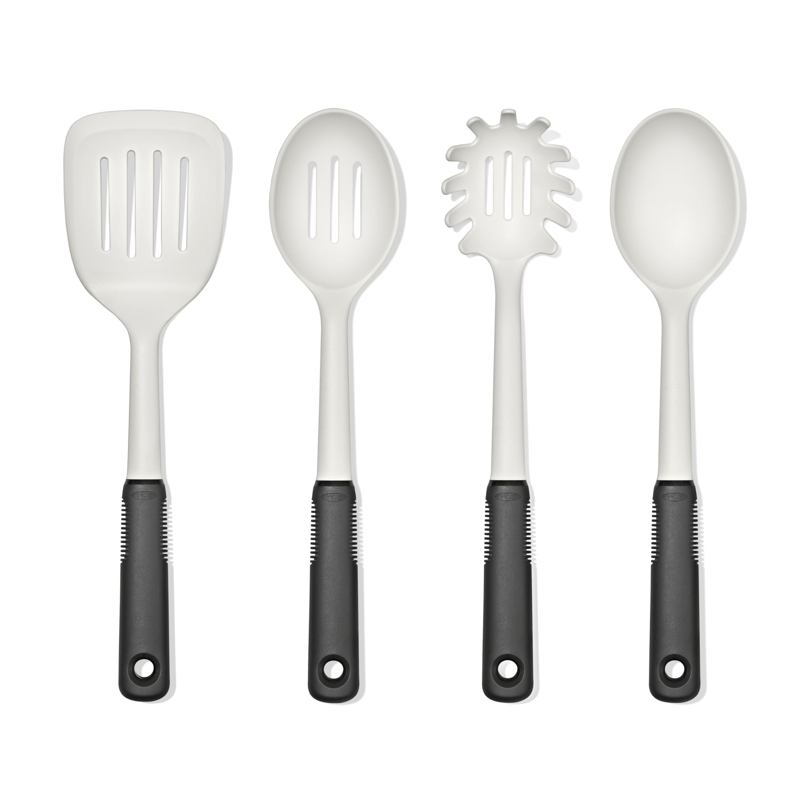OXO Good Grips front view showing four oat‑colored utensils protecting cookware