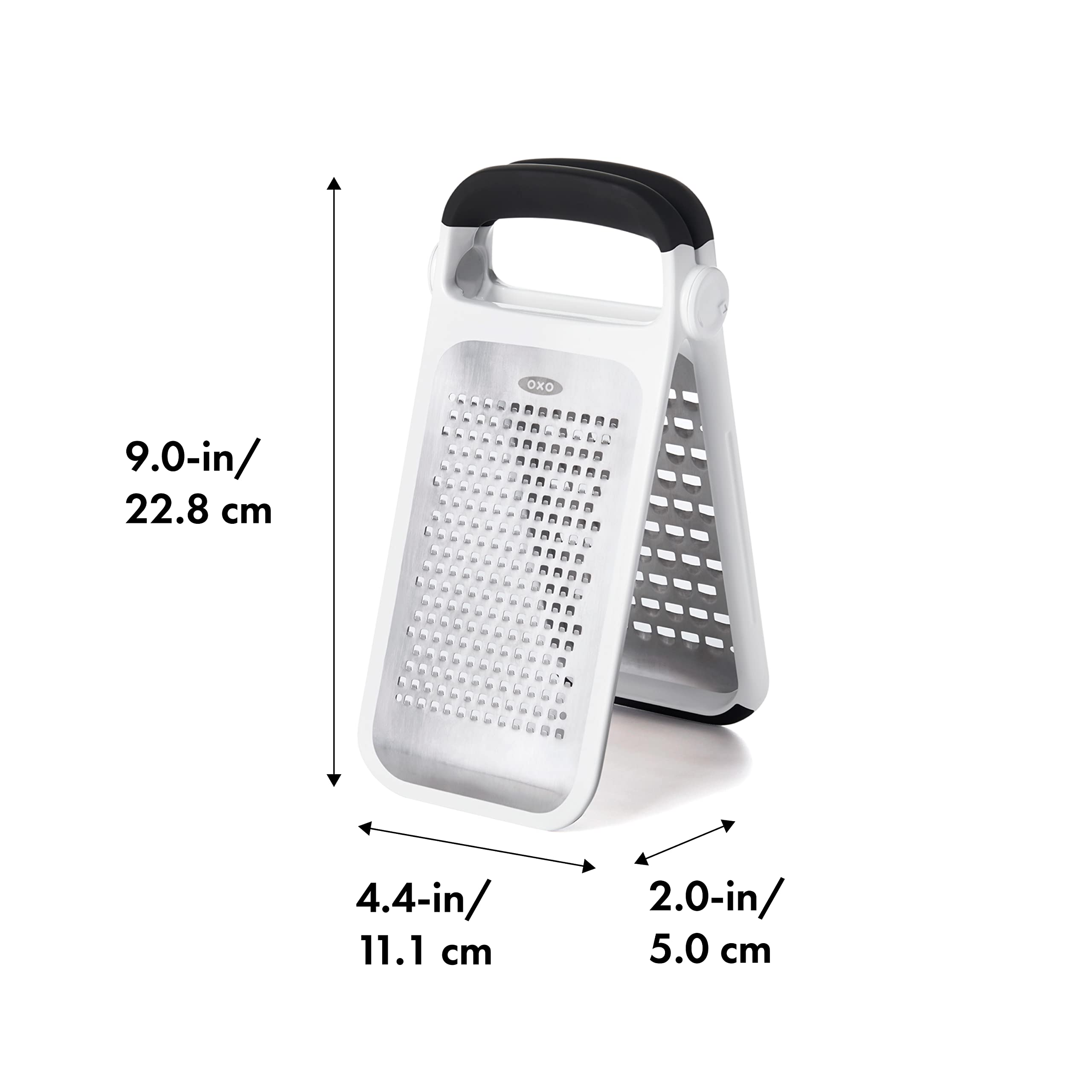 OXO close-up of etched stainless blades highlighting sharpness and consistent grating