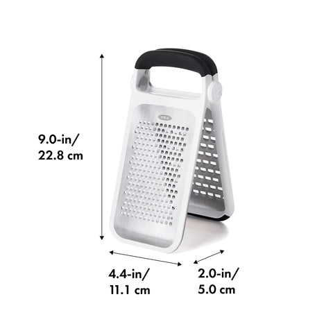 OXO close-up of etched stainless blades highlighting sharpness and consistent grating