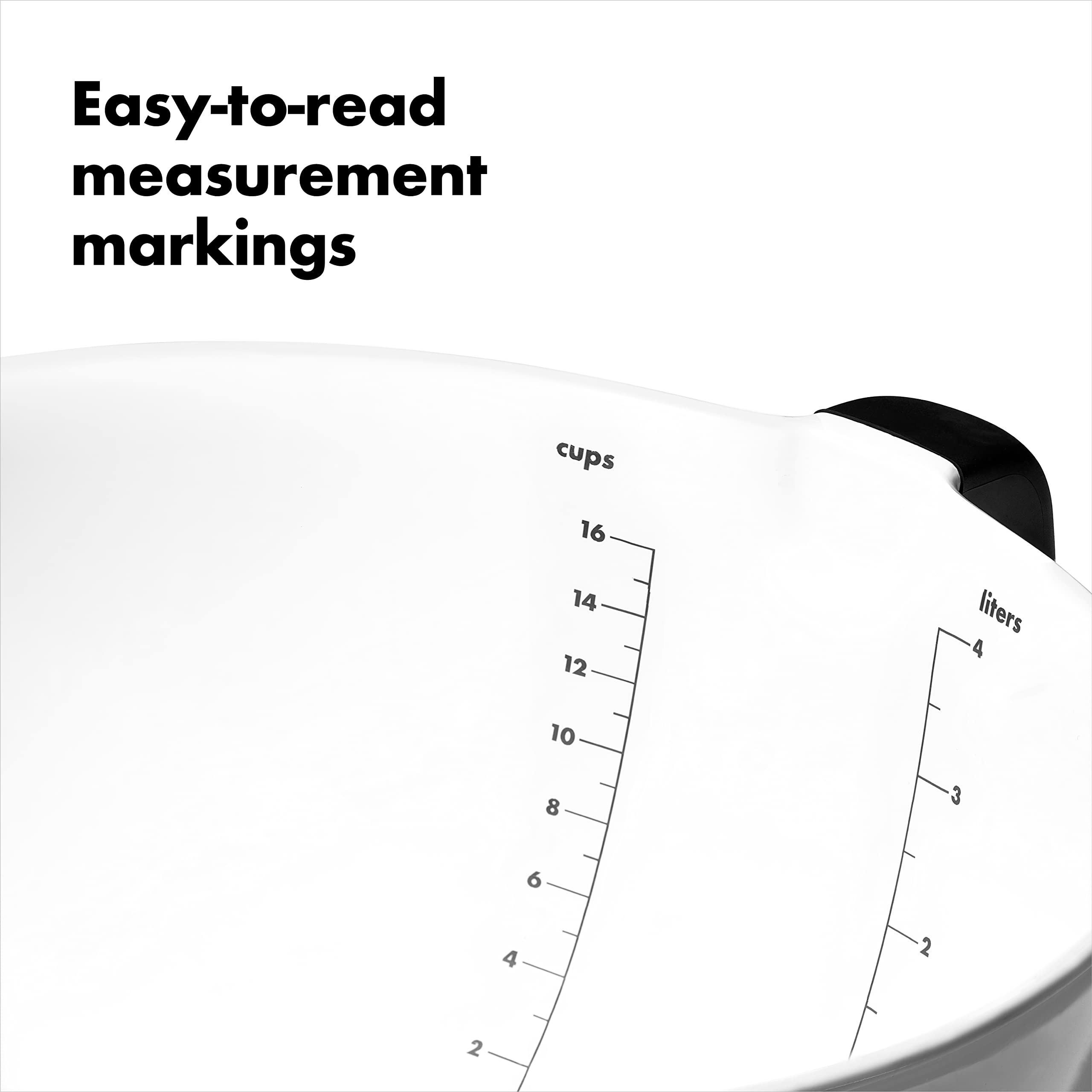 OXO ergonomic handle angle for secure grip and improved control