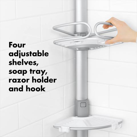 OXO Good Grips hooks and razor holder displaying organized accessory storage