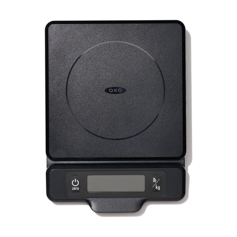 OXO Good Grips scale with pulled-out display illustrating clear readable numbers and no shadowing