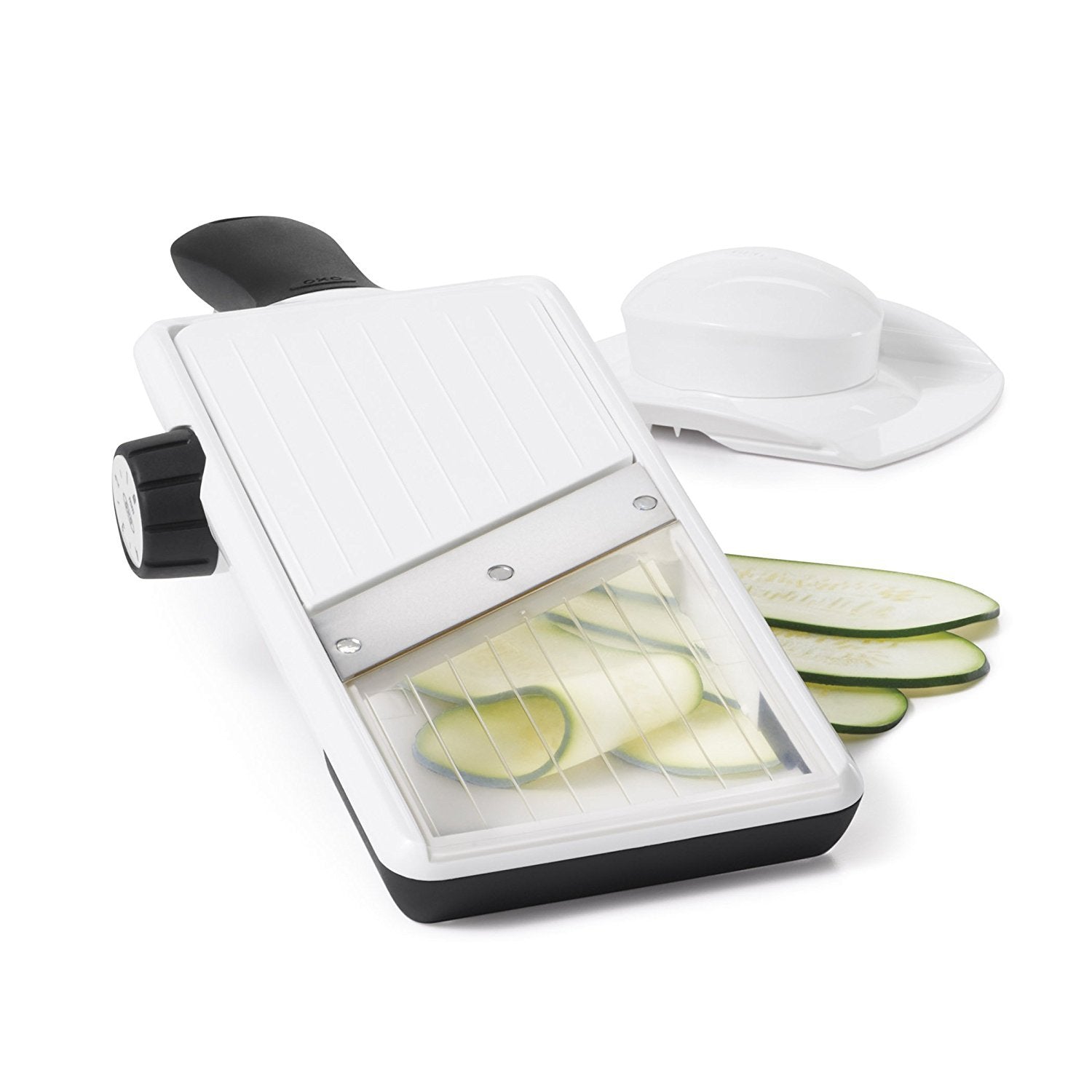 OXO mandoline front view showing ergonomic handle for comfortable grip