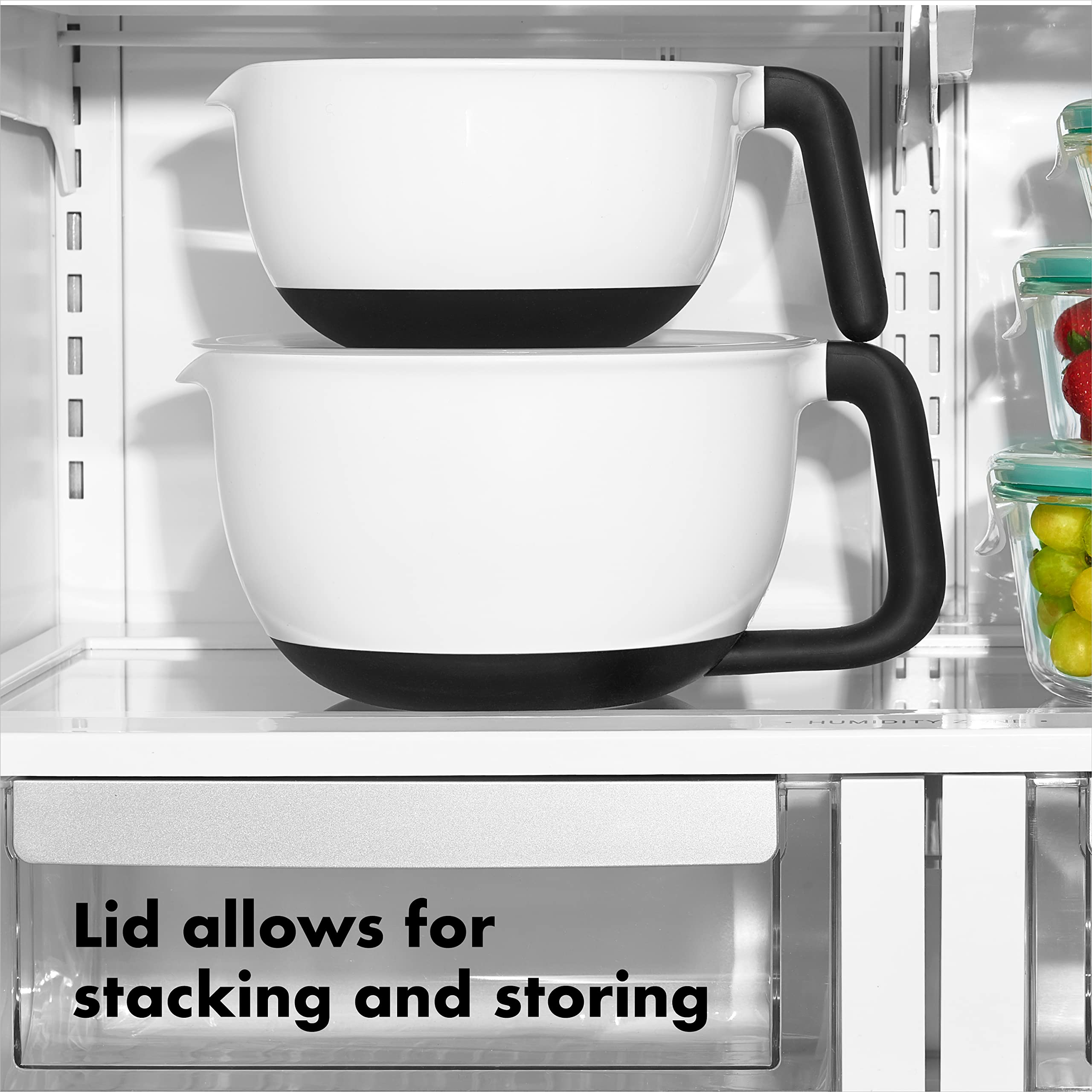 OXO bowl with lid in fridge showing stackable space-saving storage
