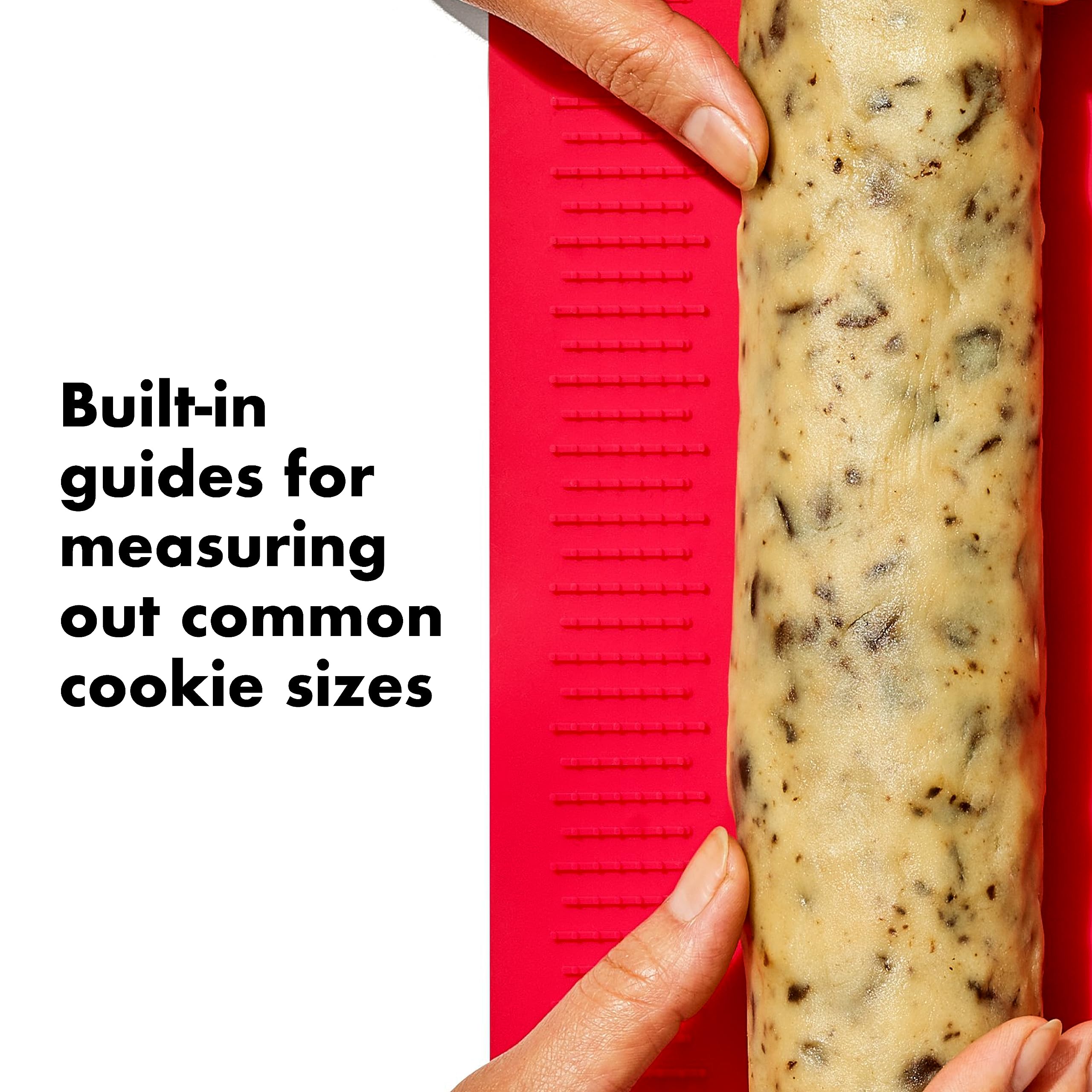 OXO mat rolled around cookie dough log demonstrating neat shaping for consistent bakes
