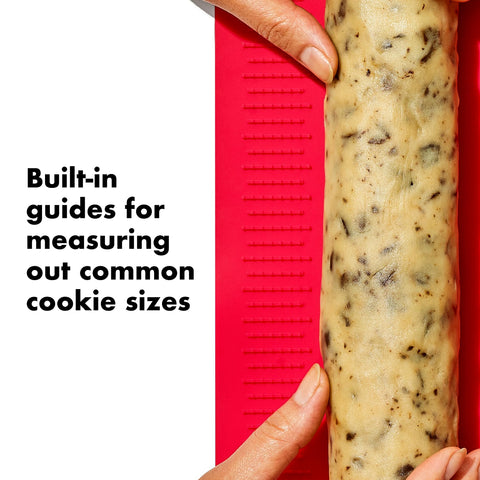 OXO mat rolled around cookie dough log demonstrating neat shaping for consistent bakes