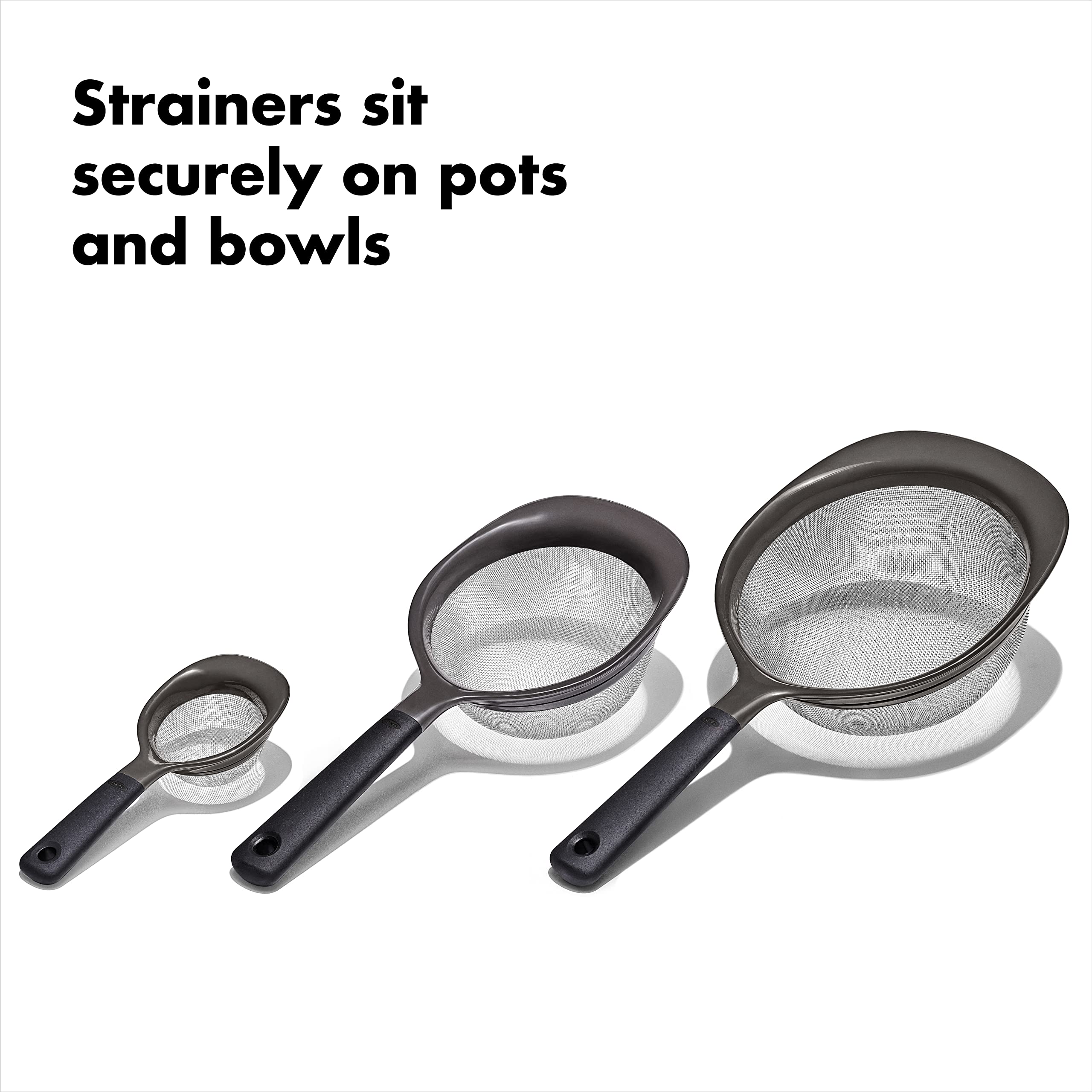 OXO Good Grips nesting storage with strainers stacked to save cabinet space