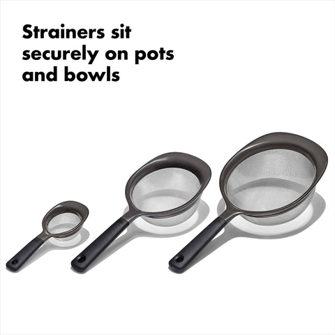 OXO Good Grips nesting storage with strainers stacked to save cabinet space