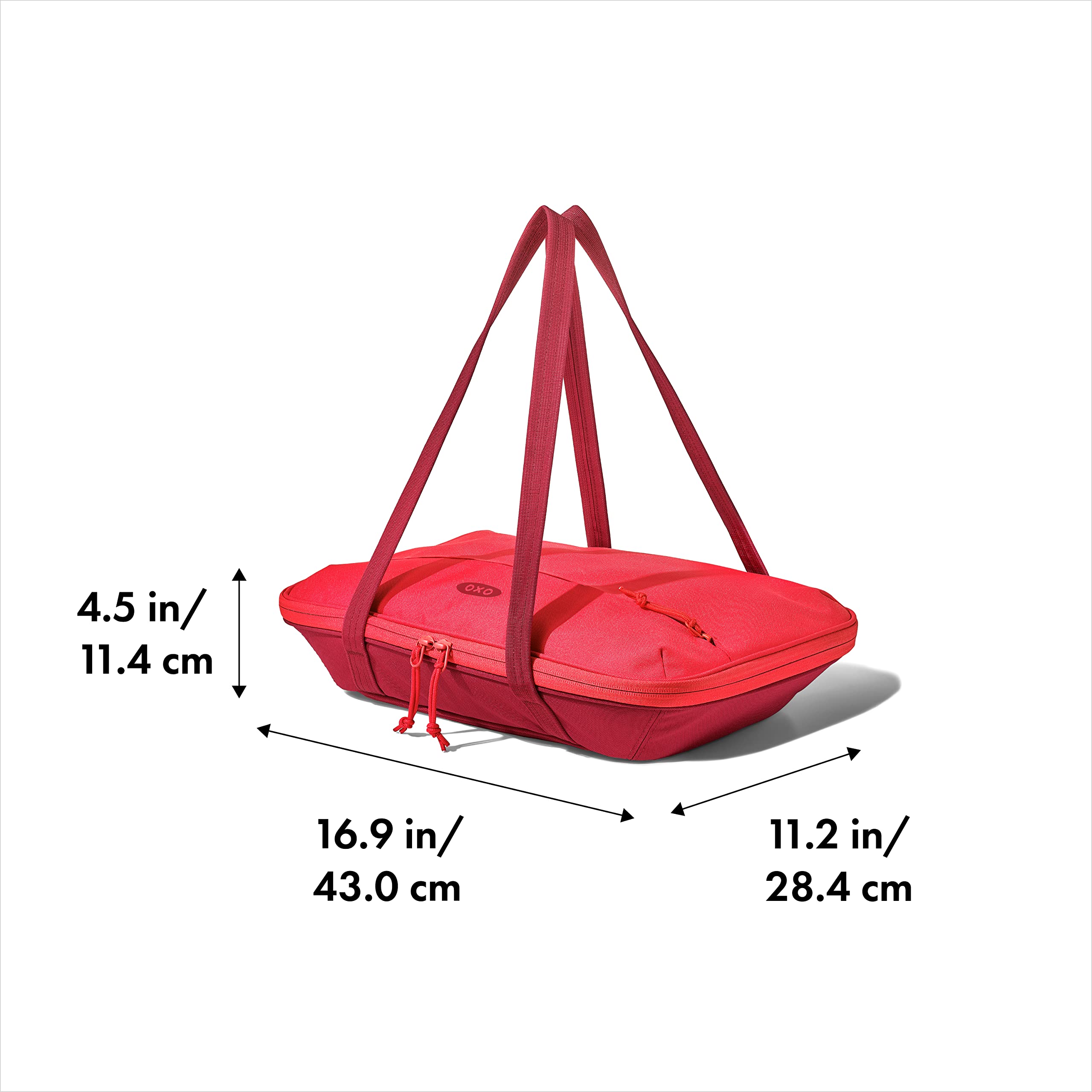 OXO Good Grips carrier open with a 9x13 pan inside, illustrates secure fit and temperature control
