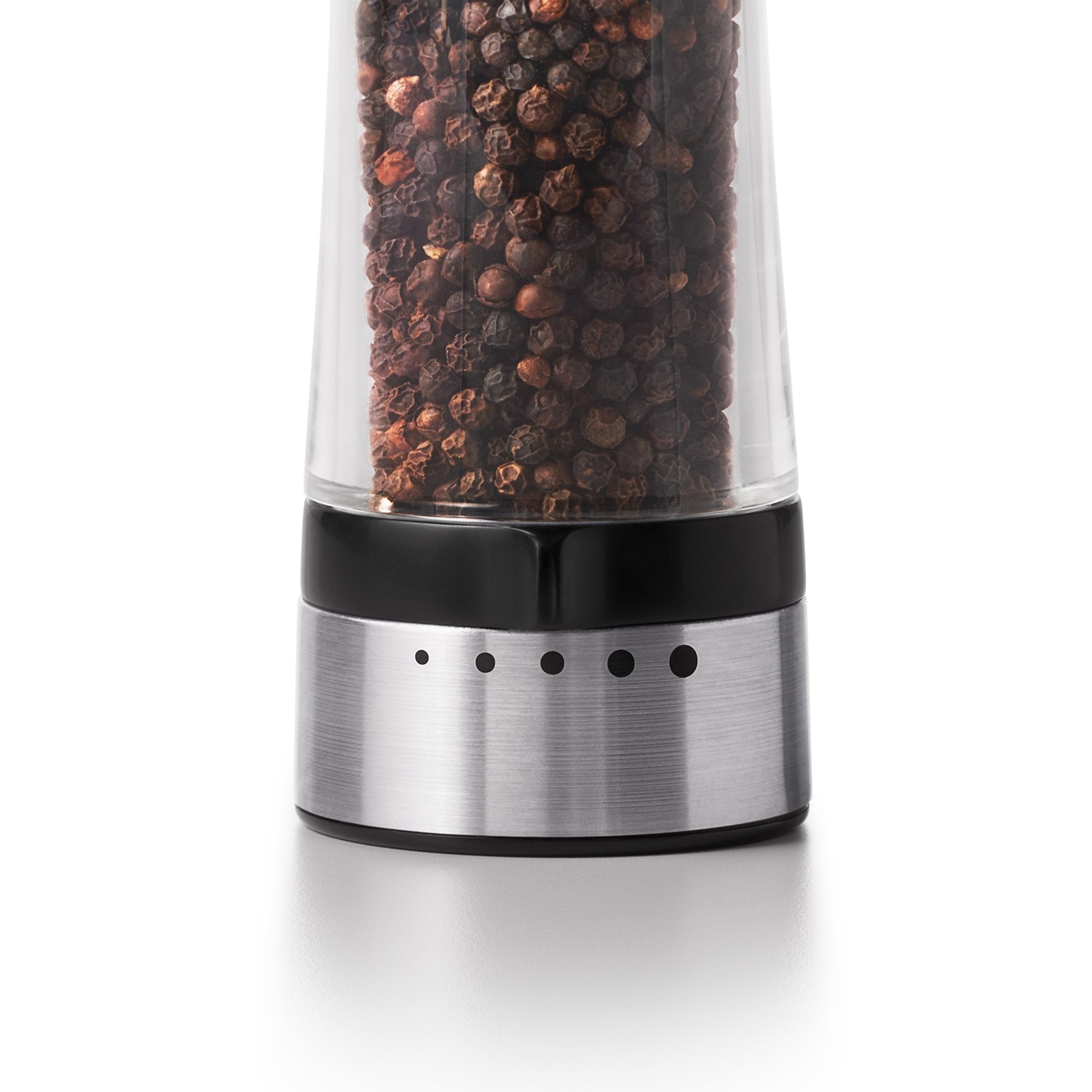 OXO Good Grips being refilled with peppercorns and salt, simple maintenance advantage