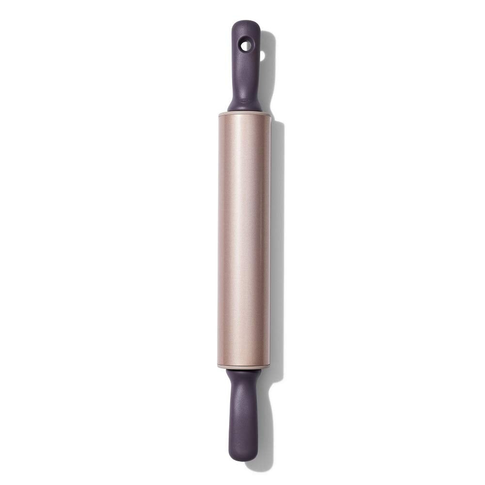 OXO front view of rolling pin showing barrel and handles, durable design benefit