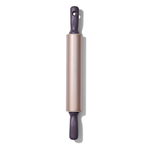 OXO front view of rolling pin showing barrel and handles, durable design benefit