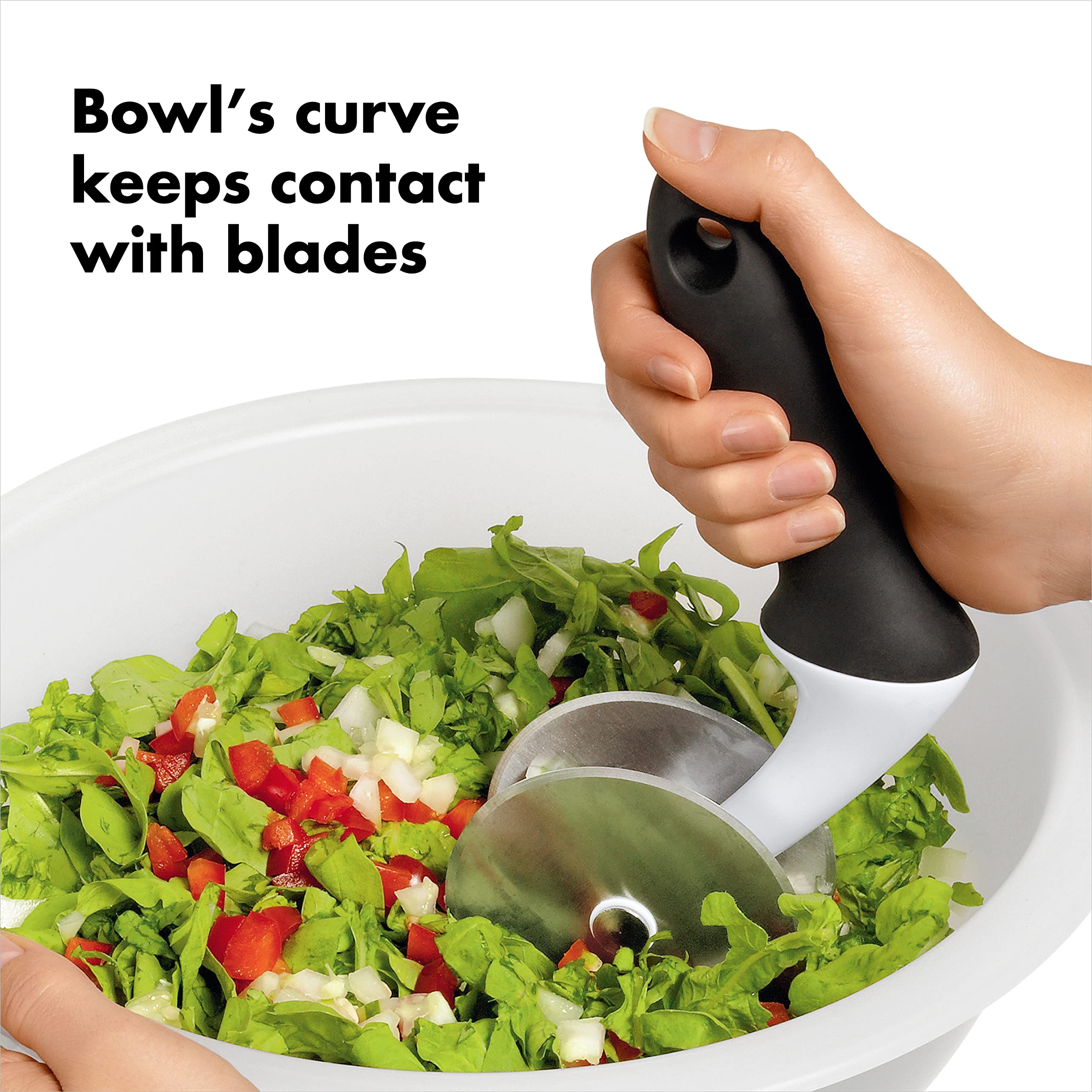 OXO Good Grips bowl next to measured items showing 5.5 quart capacity