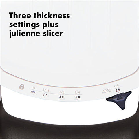 OXO Good Grips spring-loaded food holder protecting fingers and ensuring even pressure