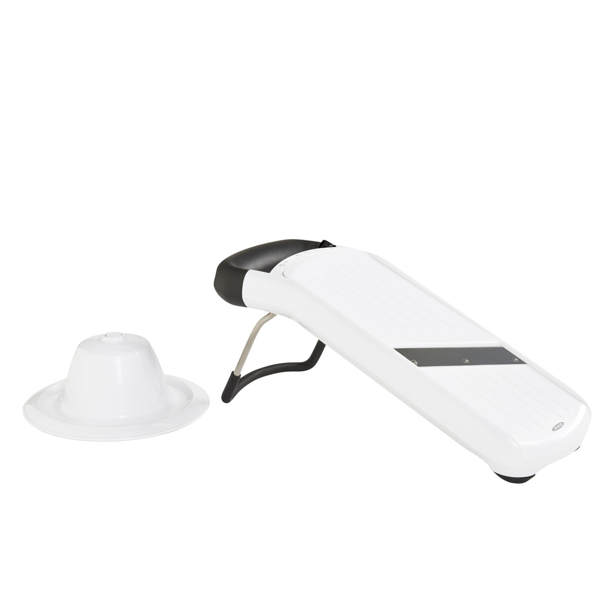 OXO Good Grips mandoline front view showing compact design and stable feet