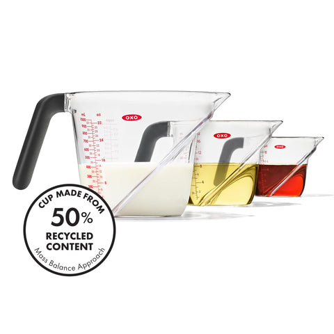 OXO set displayed with scale reference to show 1-, 2-, and 4-cup sizes
