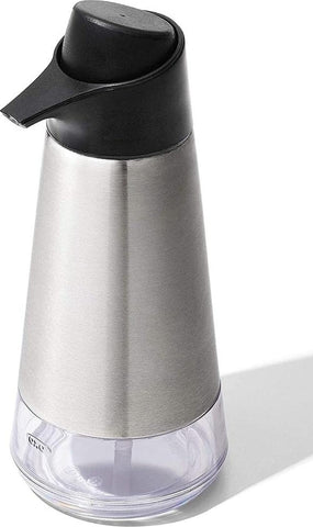 OXO stainless steel dispenser front view showing sleek design and stability