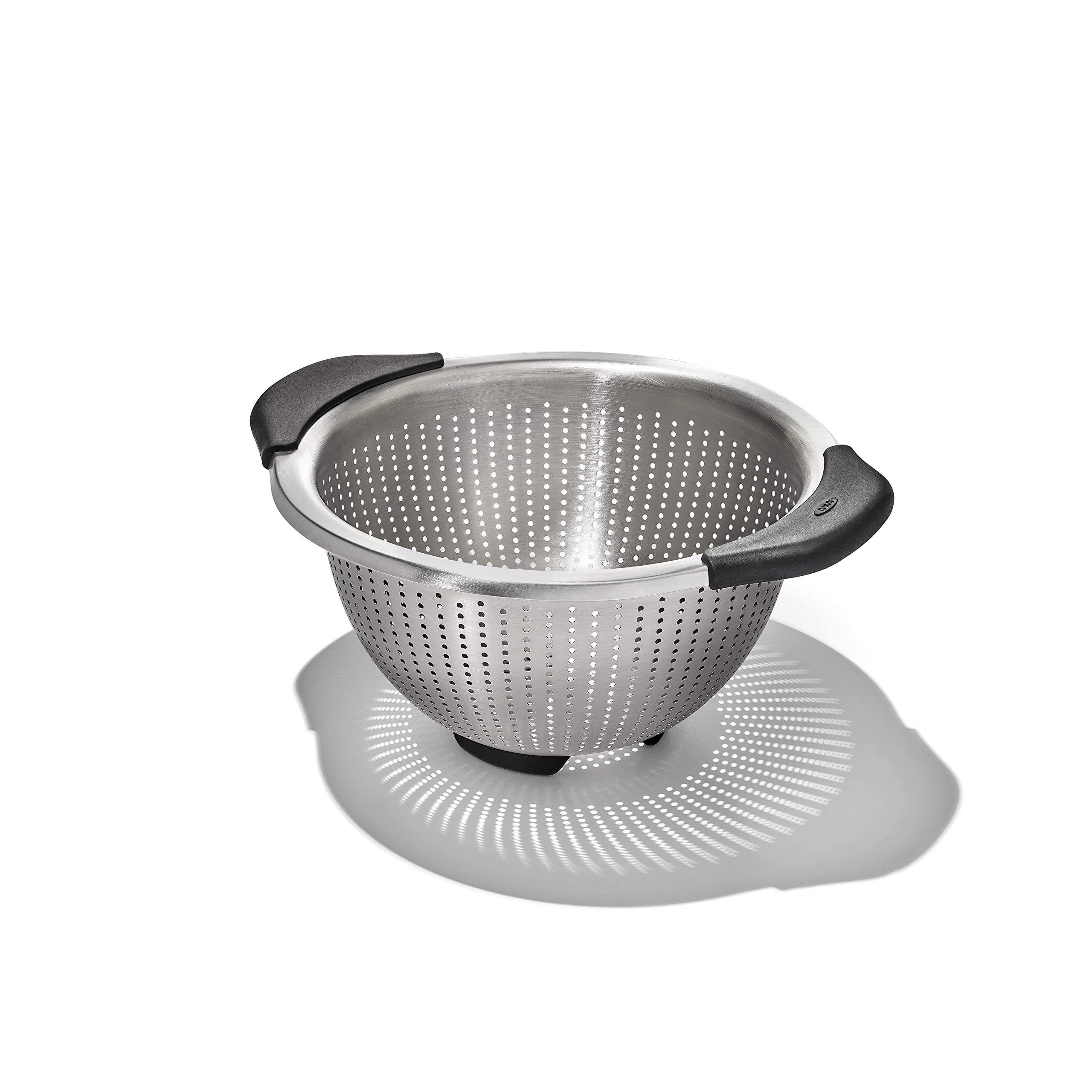 OXO Good Grips strainer front view showing sleek stainless steel and stable design benefit